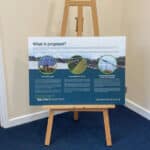 Printed Foamex board on a stand for the greentech barn farm solar farm.